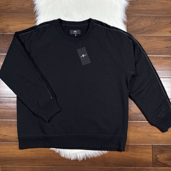 7 For All Mankind Men's Size XL‎ Black Crewneck Fleece Sweatshirt Faux Trim